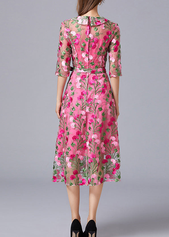Floral Embroidered Tulle Overlay Wrap V-Neck Tie Waist Elbow Sleeve Midi Dress