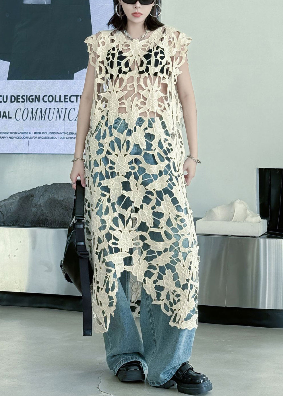 Floral Crochet Lace Sleeveless Hollow Out Longline Sheer Top