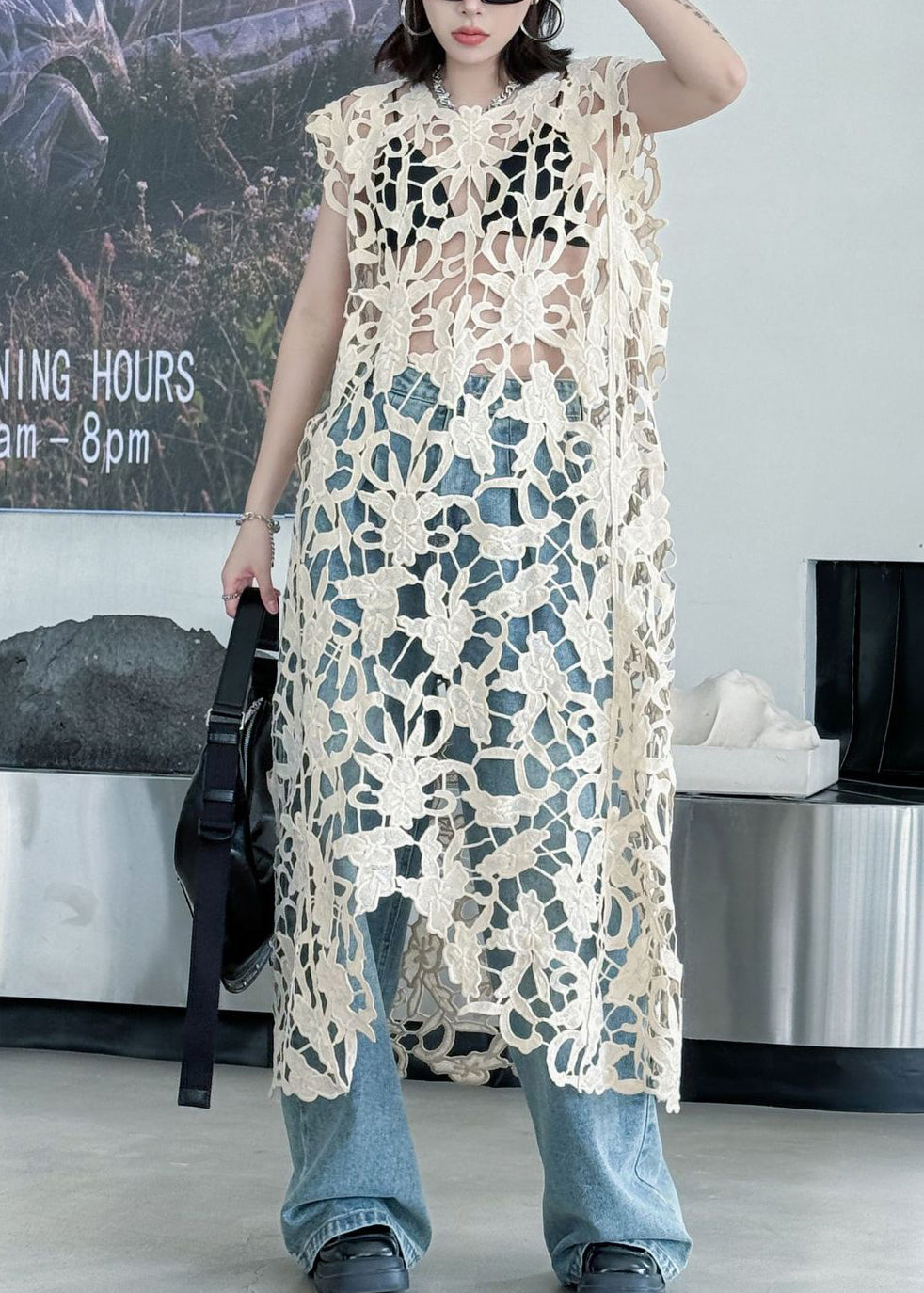Floral Crochet Lace Sleeveless Hollow Out Longline Sheer Top