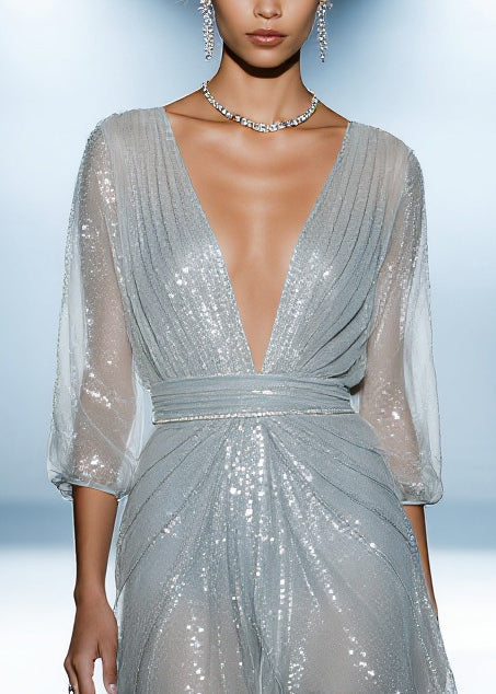 Sequin Tulle Deep V-Neck Three Quarter Sleeve Ruched High Low Midi Dress