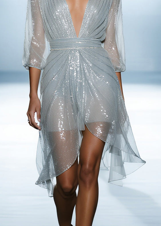 Sequin Tulle Deep V-Neck Three Quarter Sleeve Ruched High Low Midi Dress