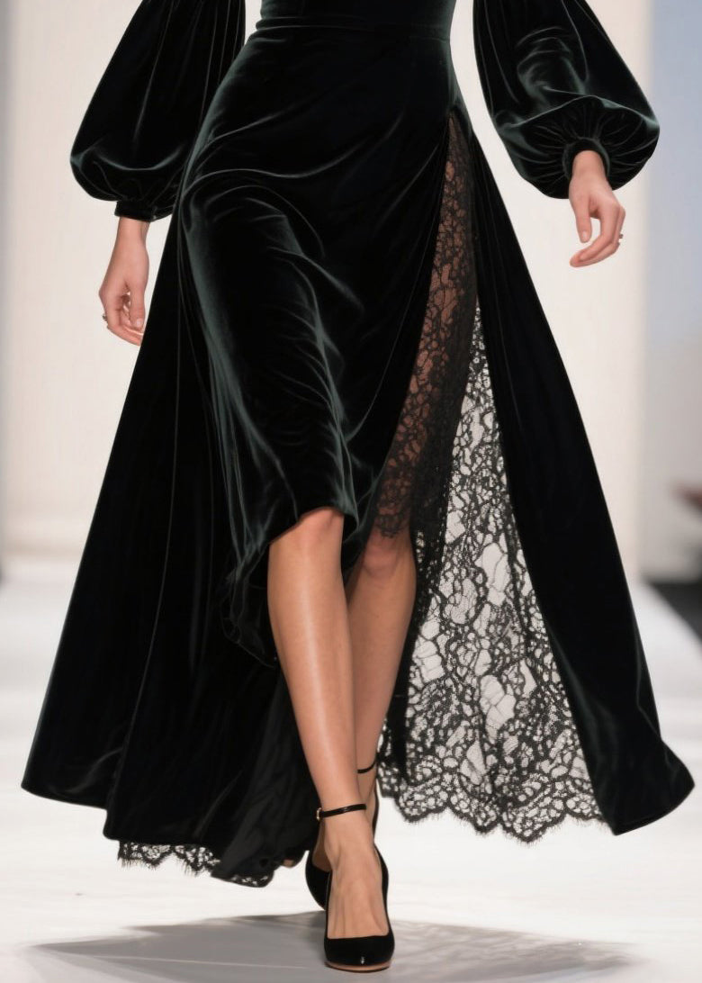 Velvet Square Neck Bishop Sleeve Lace Trim High Split Maxi Gown