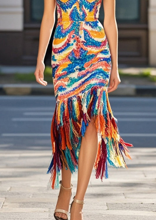 Abstract Wave Print Deep V-Neck Sleeveless Fringe Hem Bodycon Midi Party Dress