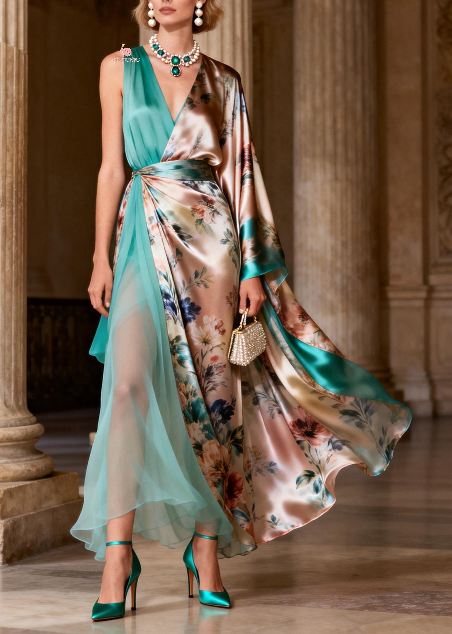 Floral Print Deep V-Neck One Sleeve Cape Wrap High Split Maxi Dress