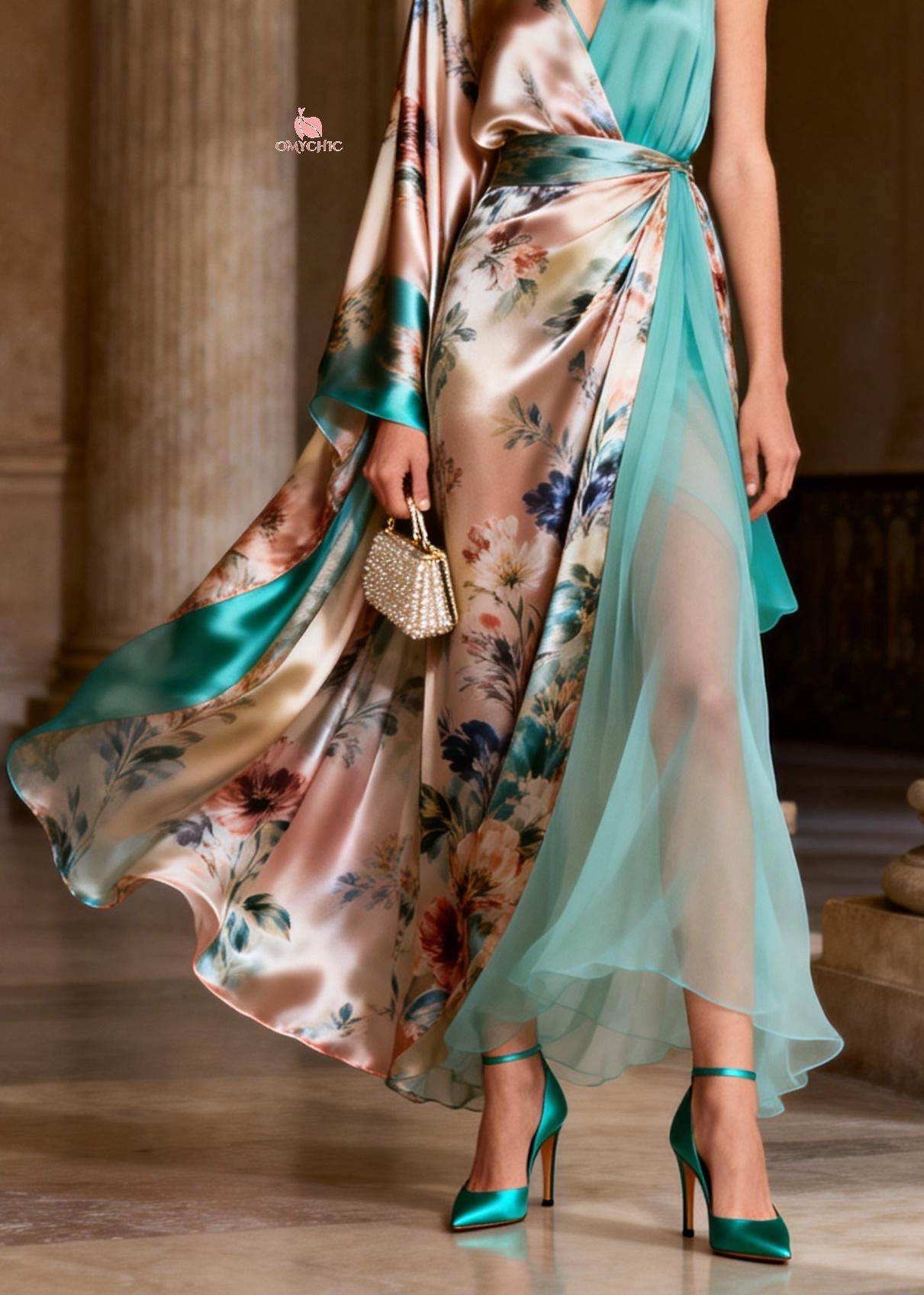 Floral Print Deep V-Neck One Sleeve Cape Wrap High Split Maxi Dress