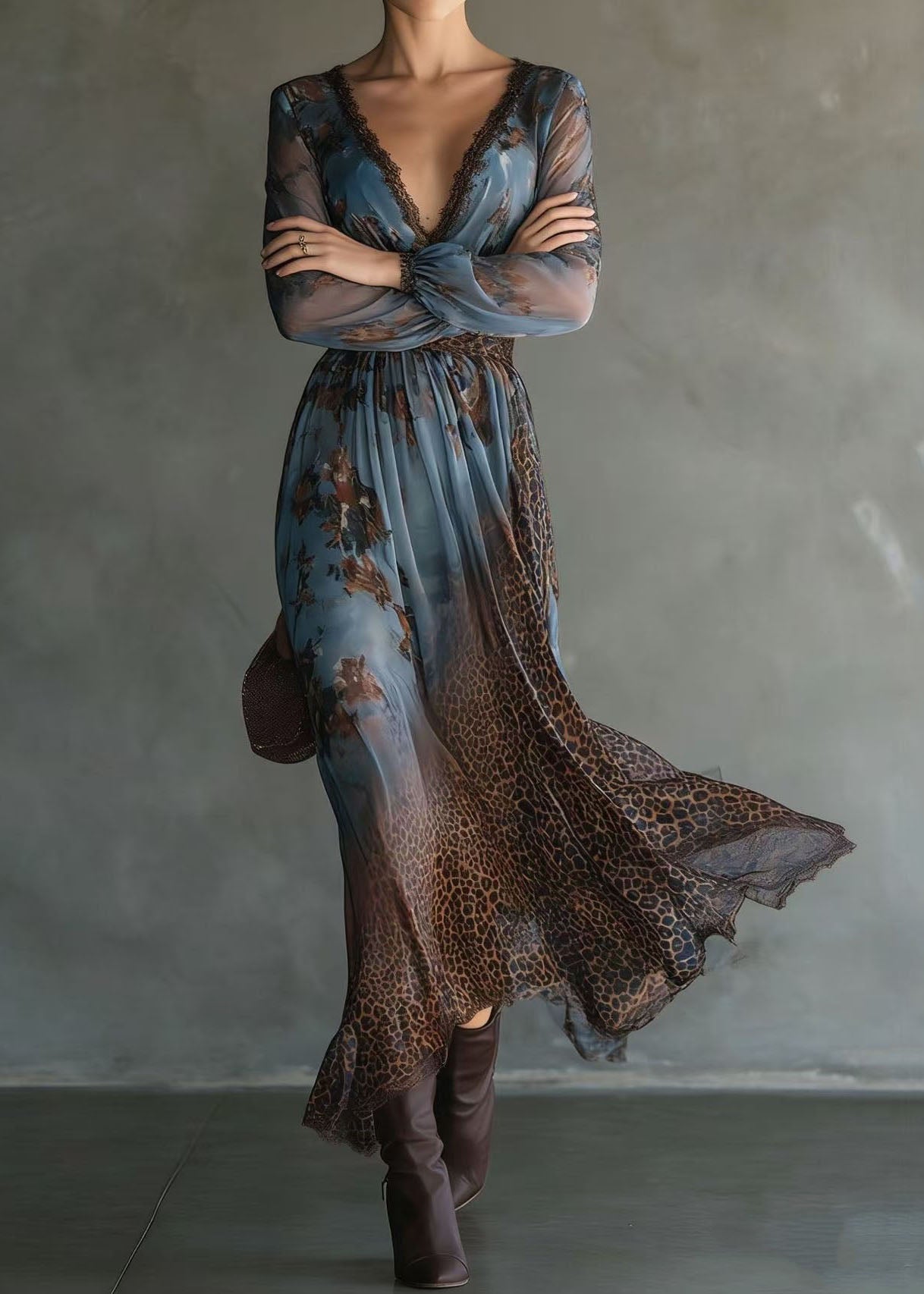 Chiffon Lace Trim V-Neck Bishop Sleeve Leopard Panel Floral Maxi Dress