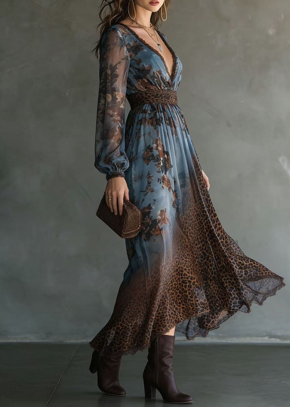 Chiffon Lace Trim V-Neck Bishop Sleeve Leopard Panel Floral Maxi Dress