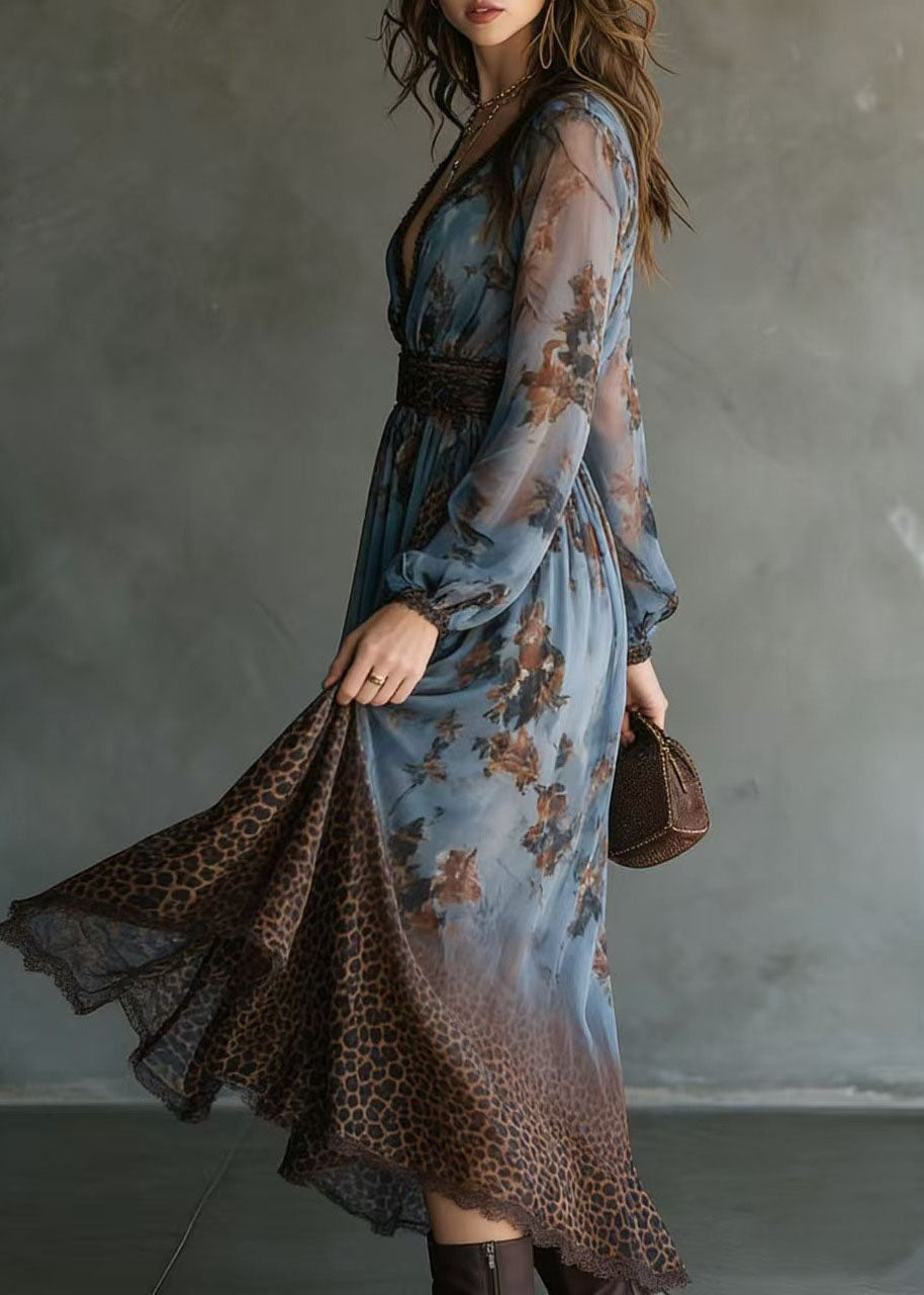 Chiffon Lace Trim V-Neck Bishop Sleeve Leopard Panel Floral Maxi Dress