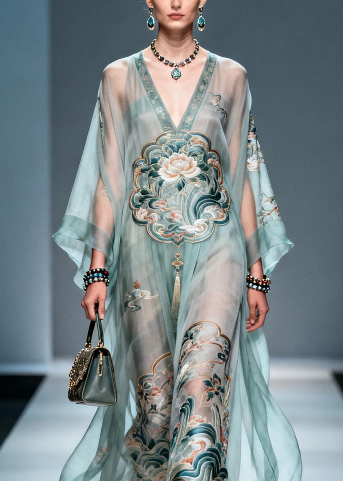 Lotus Embroidery Deep V-Neck Cape Sleeve Sheer Kaftan Maxi Gown