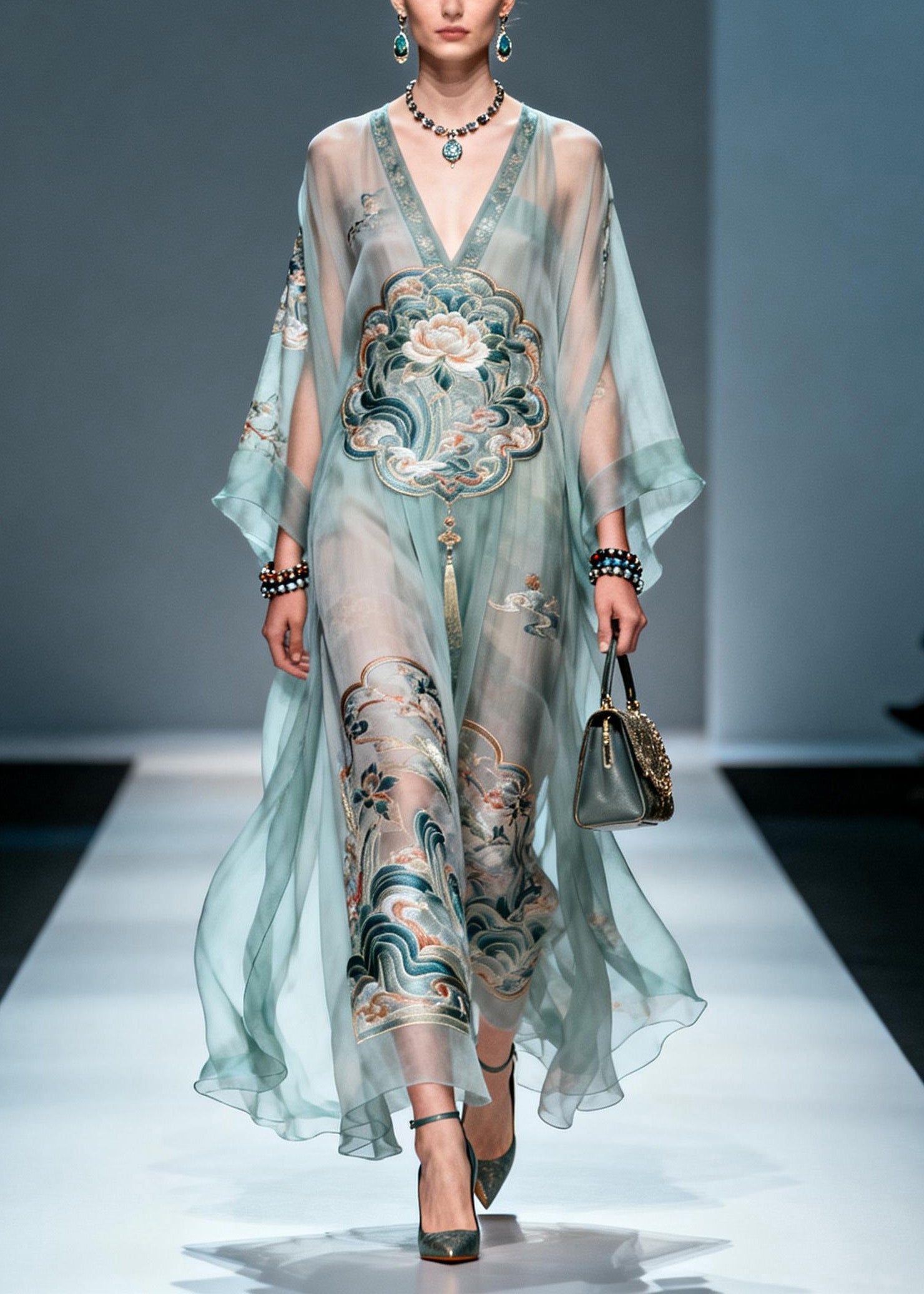 Lotus Embroidery Deep V-Neck Cape Sleeve Sheer Kaftan Maxi Gown