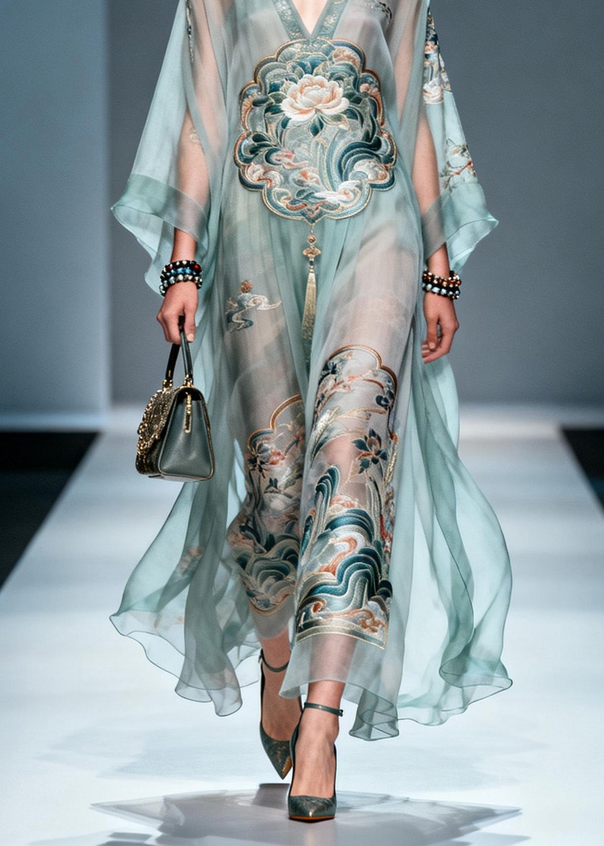 Lotus Embroidery Deep V-Neck Cape Sleeve Sheer Kaftan Maxi Gown