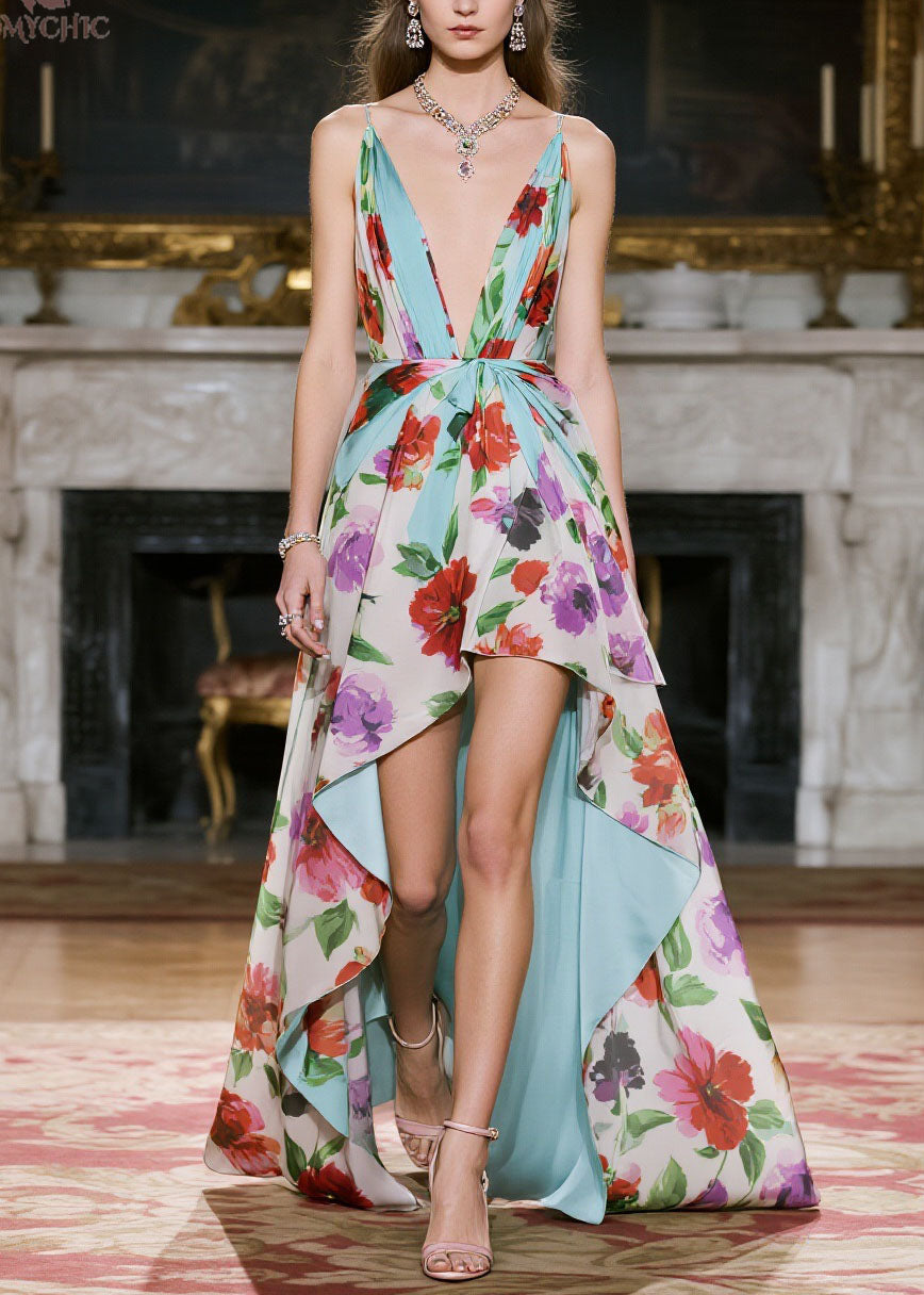 Chic V Neck Print Low High Design Chiffon Spaghetti Strap Dress Summer - View 5