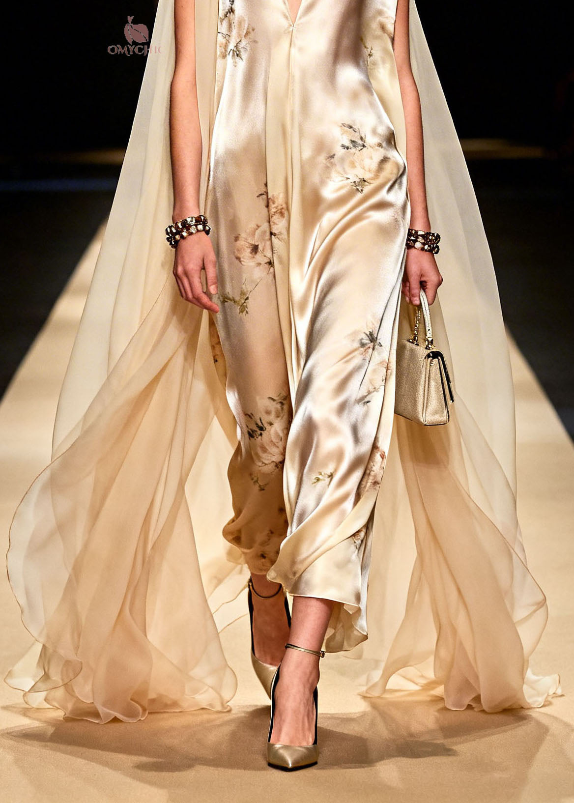 Metallic Floral Print Sleeveless Deep V-Neck Sheer Train Cape Wide Leg Jumpsuit