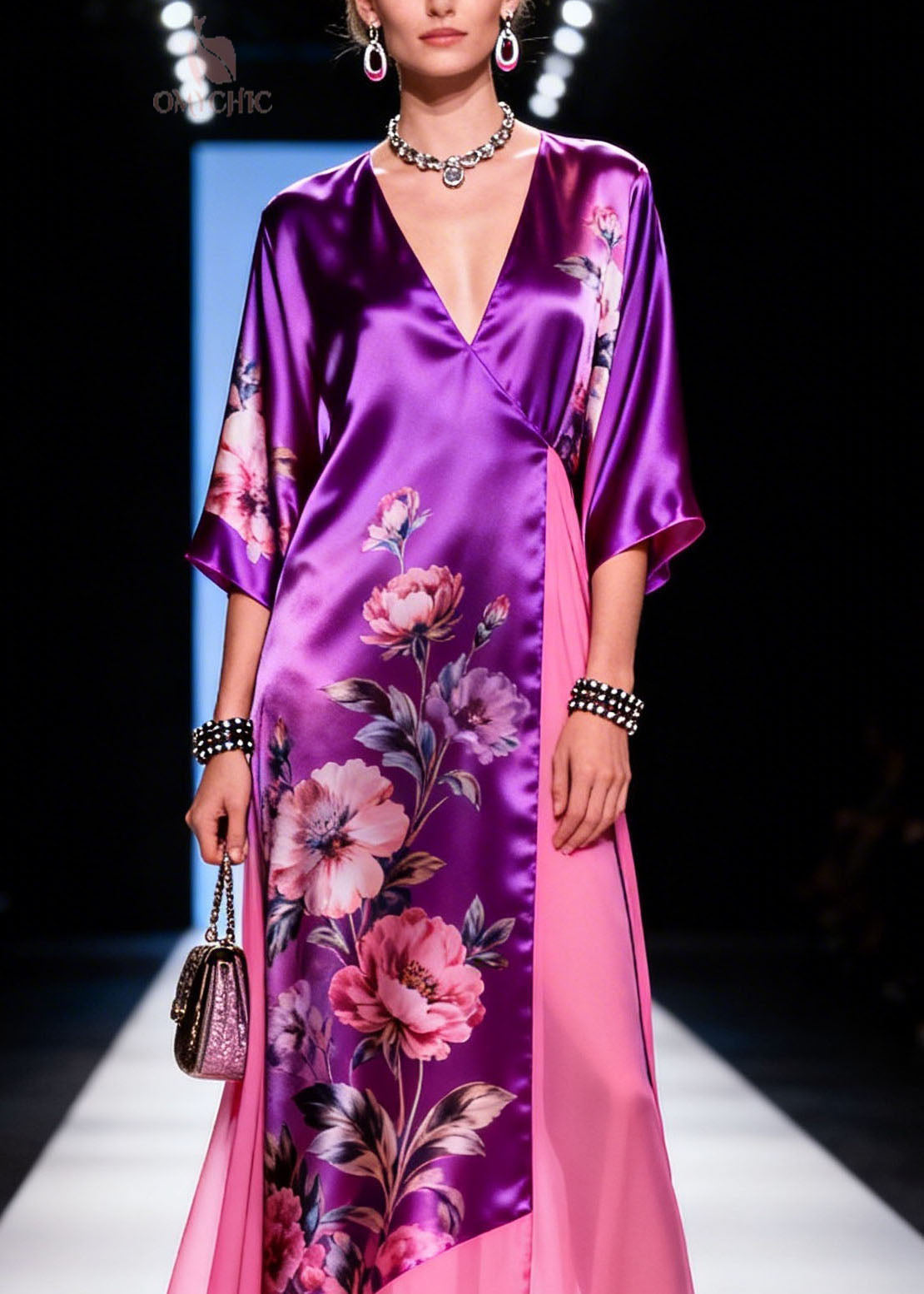 Satin Floral Print Wrap Deep V-Neck Kimono Sleeve Sheer Panel Asymmetric Hem Maxi Gown