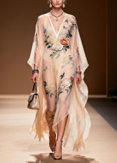 Chic V Neck Print Wrinkled Chiffon Maxi Dresses Spring