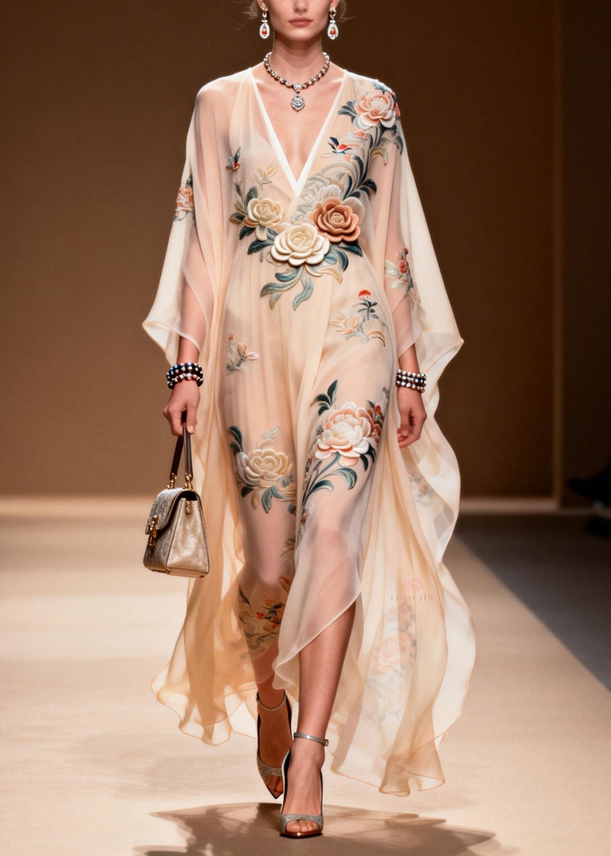 Floral Embroidered V-Neck Batwing Sleeve Sheer Chiffon Kaftan Maxi Dress