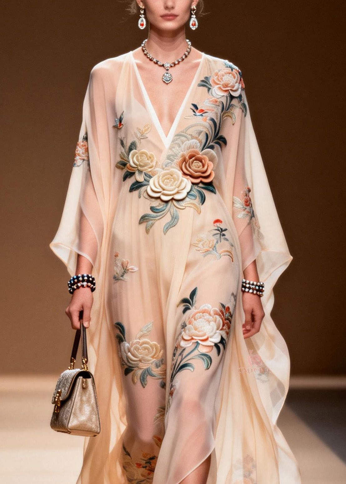 Chic V Neck Print Wrinkled Chiffon Maxi Dresses Spring 2