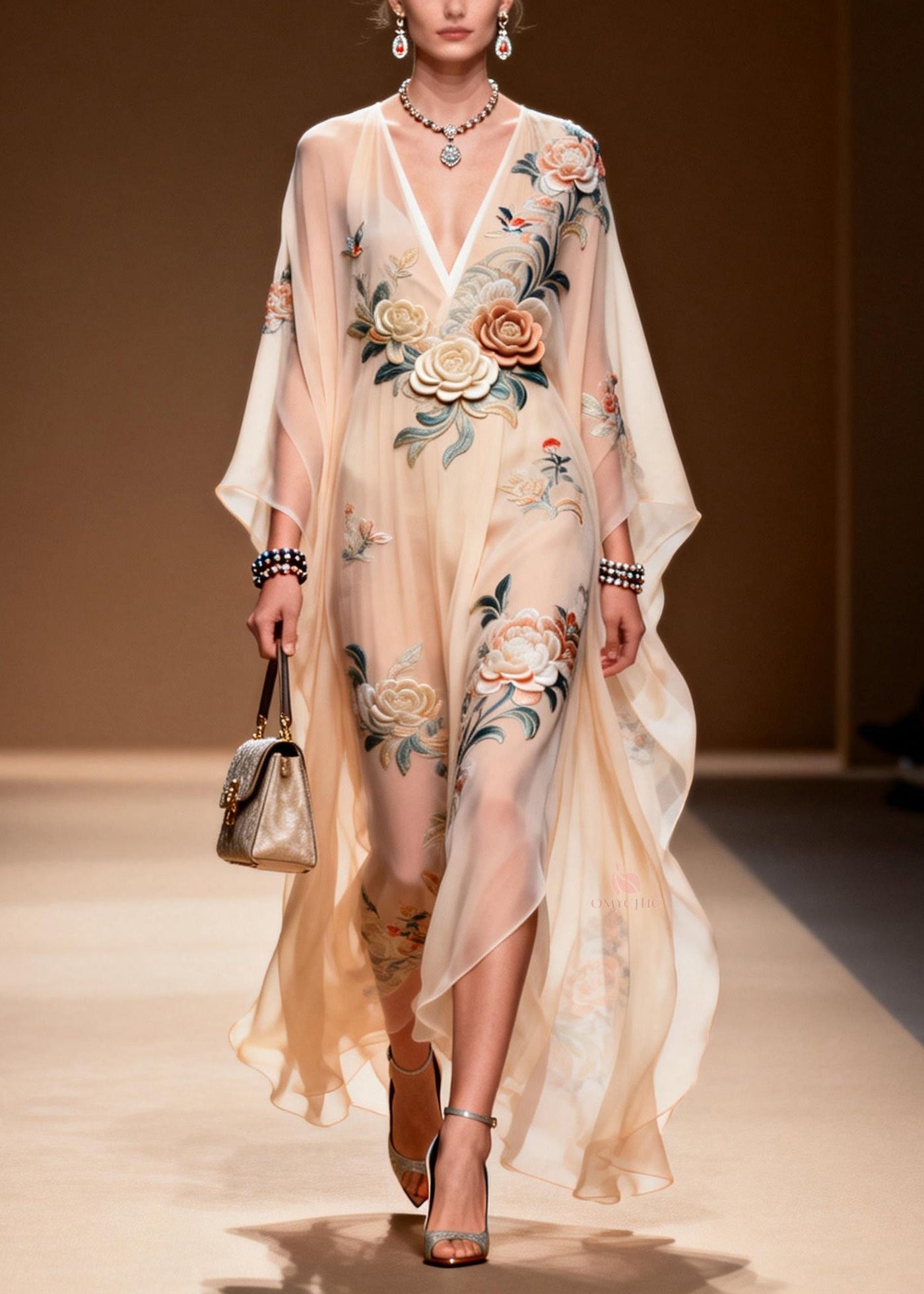 Chic V Neck Print Wrinkled Chiffon Maxi Dresses Spring 5