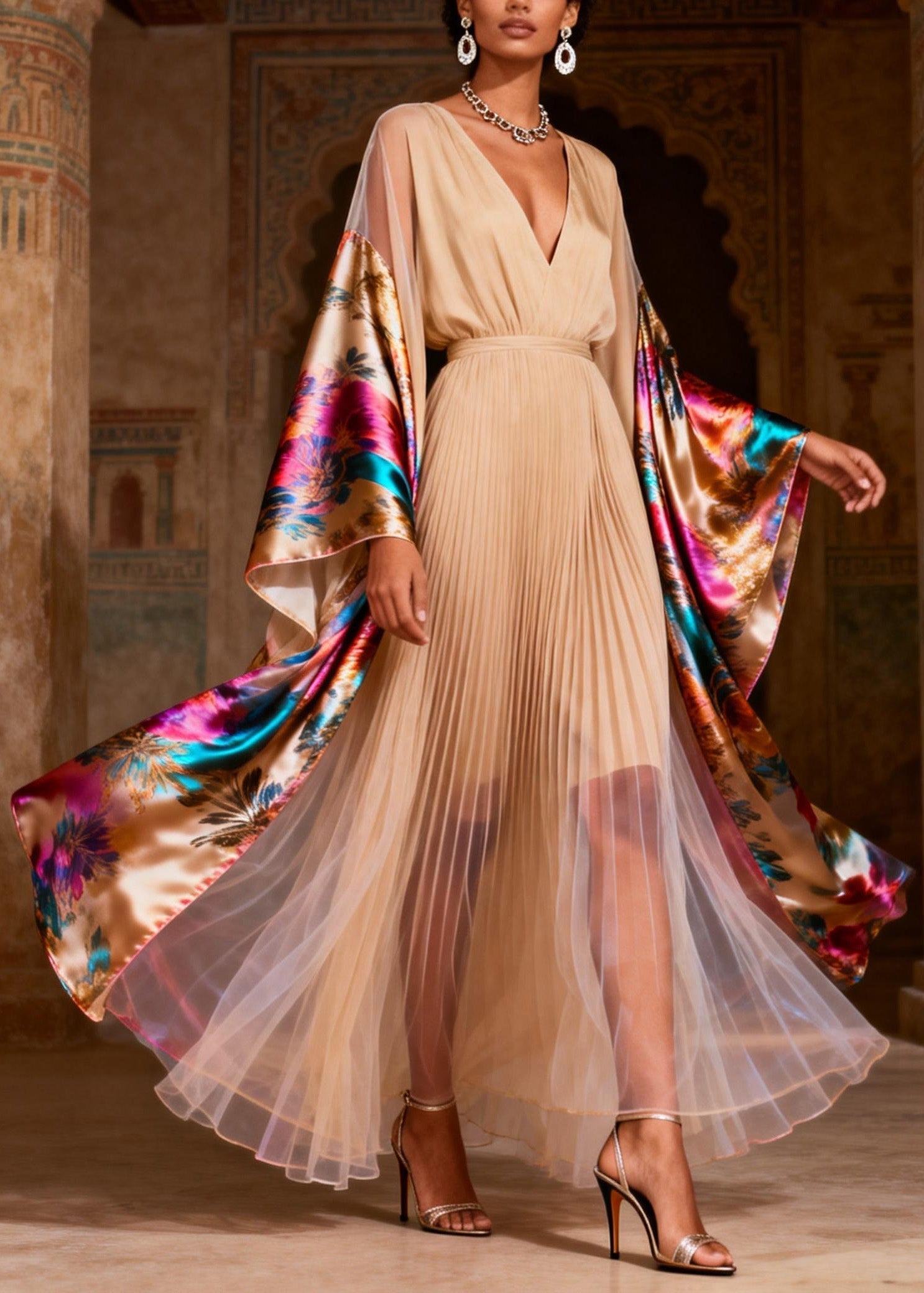 Floral Print Pleated Deep V-Neck Kimono Sleeve Tulle Hem Maxi Gown