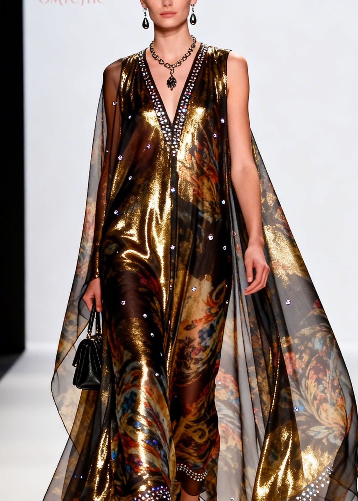 Metallic Floral Print Deep V-Neck Sleeveless Rhinestone Trim Sheer Cape Maxi Gown