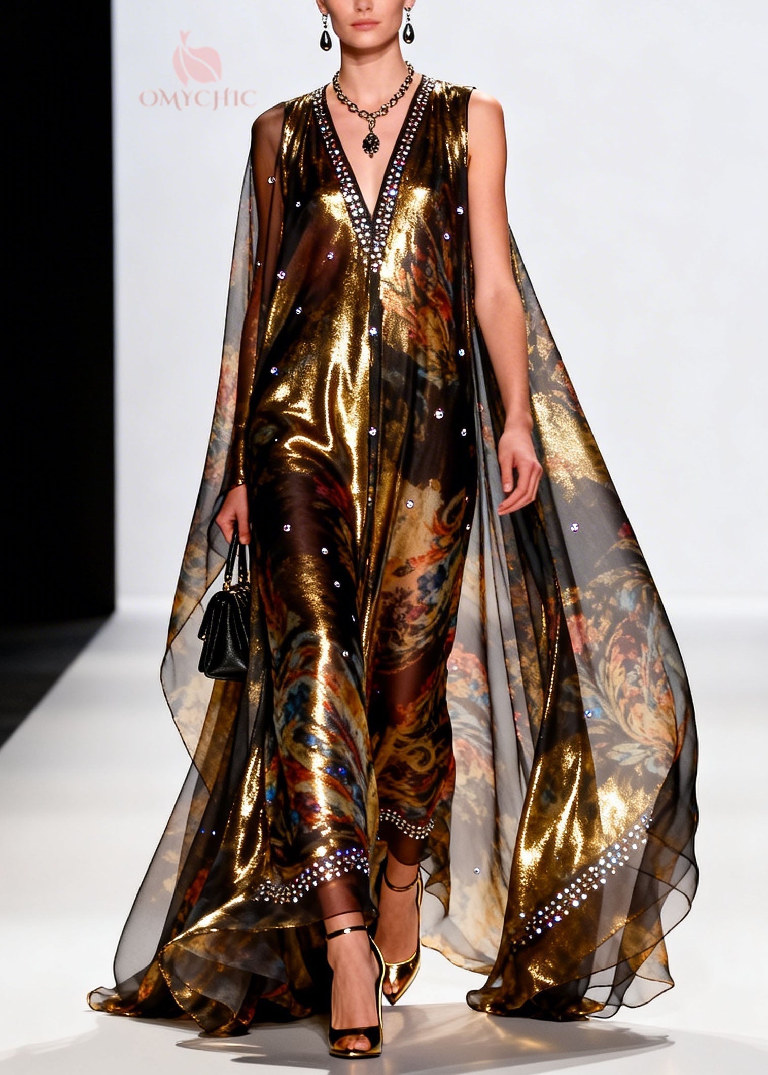 Metallic Floral Print Deep V-Neck Sleeveless Rhinestone Trim Sheer Cape Maxi Gown