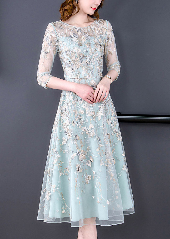 Floral Embroidered Sheer Mesh Three Quarter Sleeve Round Neck A-Line Midi Dress