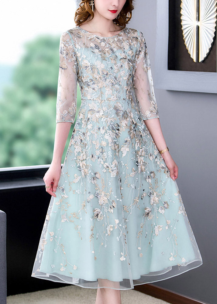 Floral Embroidered Sheer Mesh Three Quarter Sleeve Round Neck A-Line Midi Dress