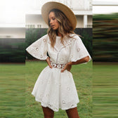 Eyelet Lace Flutter Sleeve Cut Out Mini Dress