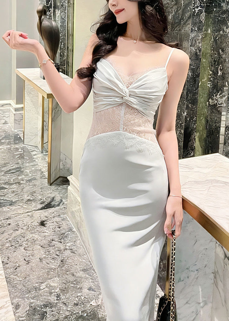 Chic White Wrinkled Lace Patchwork Long Spaghetti Strap Dress Sleeveless