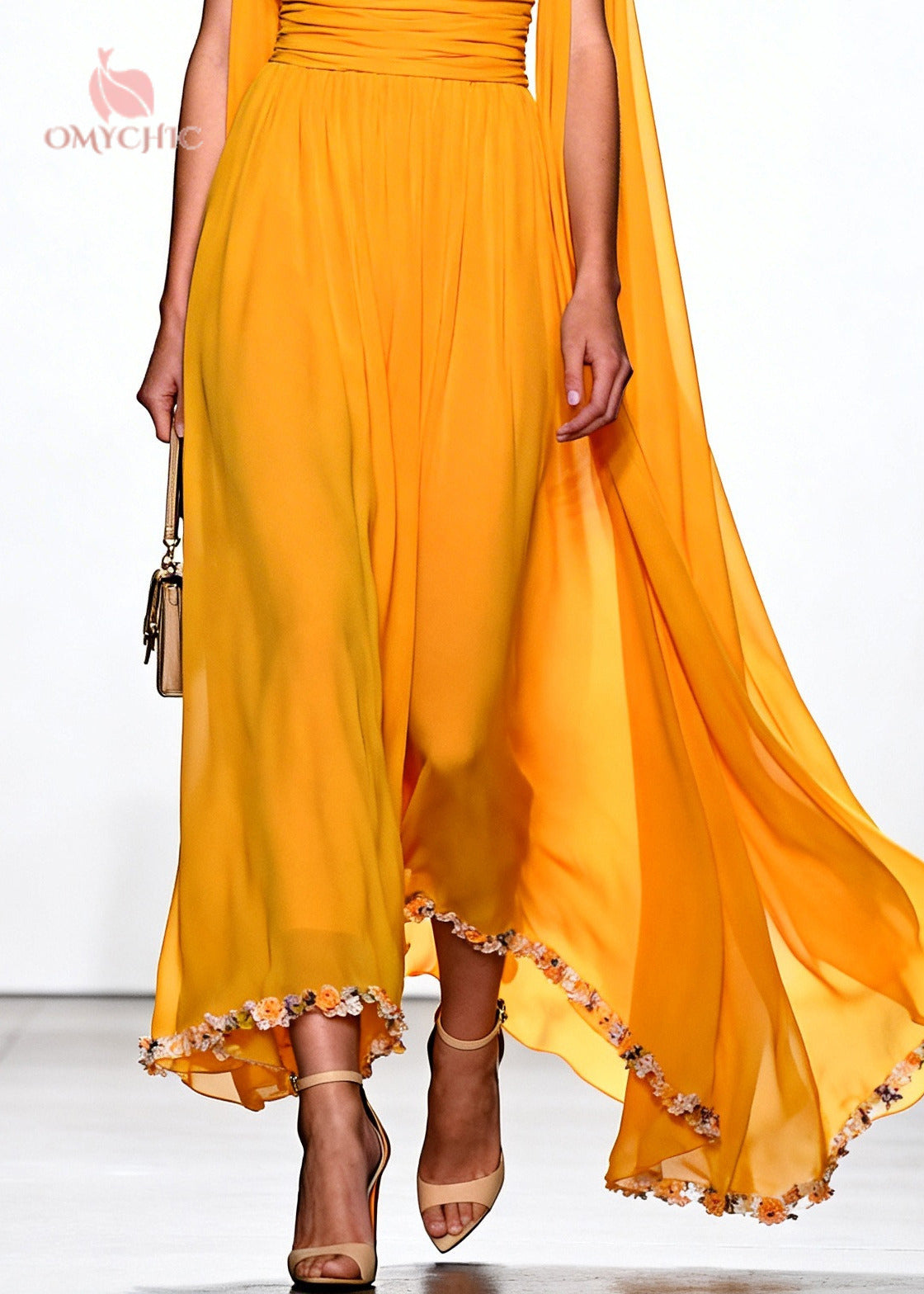 Cowl Neck Deep V-Neck Ruched Waist Shoulder Cape Floral Appliqué Hem Chiffon Gown
