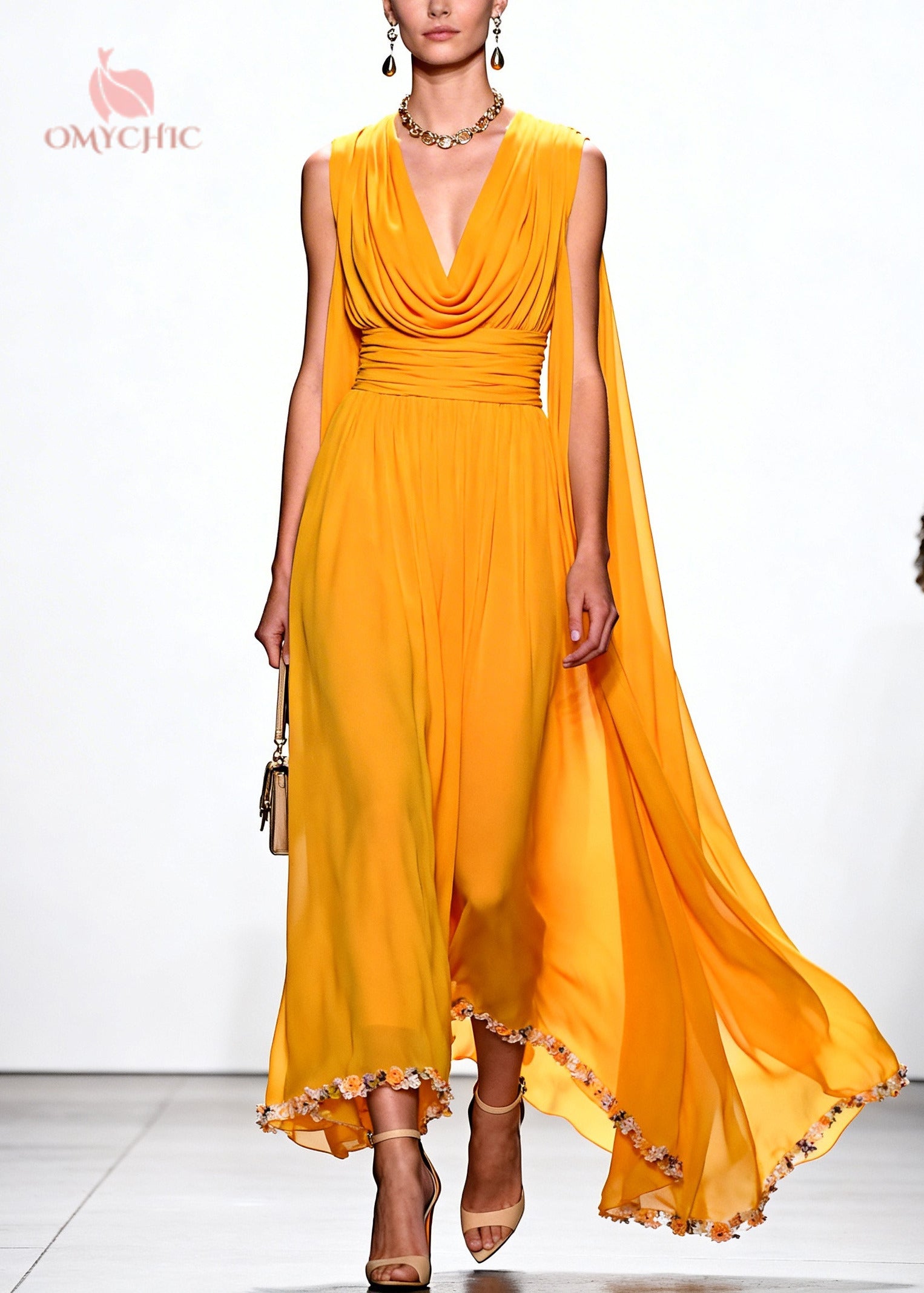 Cowl Neck Deep V-Neck Ruched Waist Shoulder Cape Floral Appliqué Hem Chiffon Gown