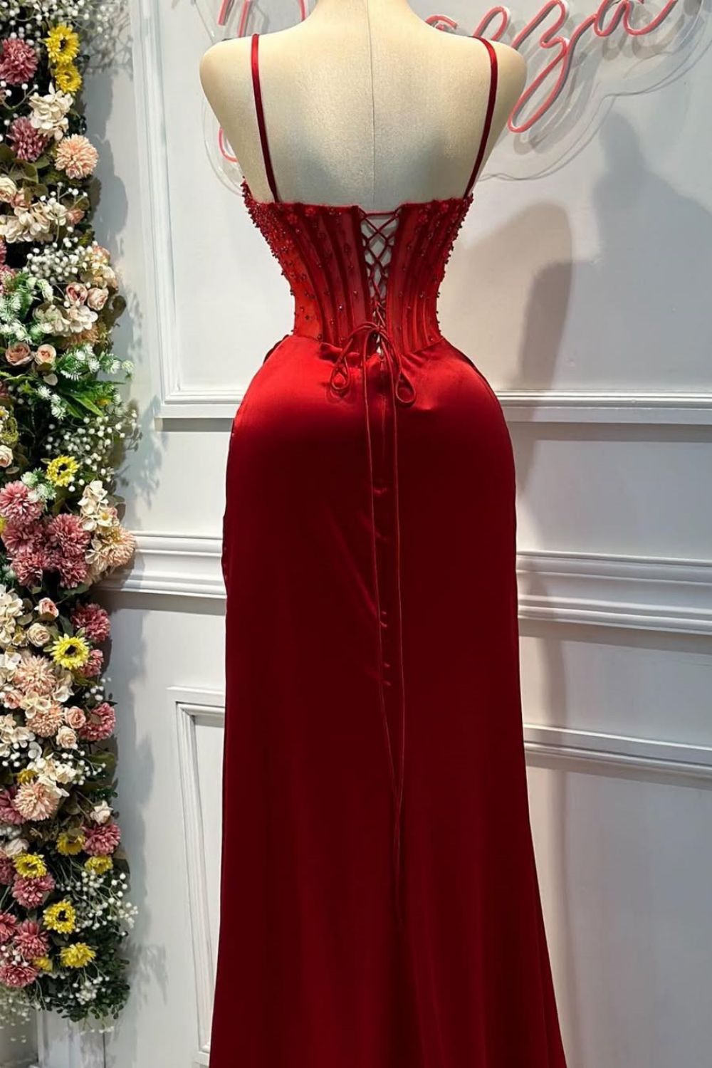 Chic Mermaid Spaghetti Straps Long Satin Formal Dress with Beading