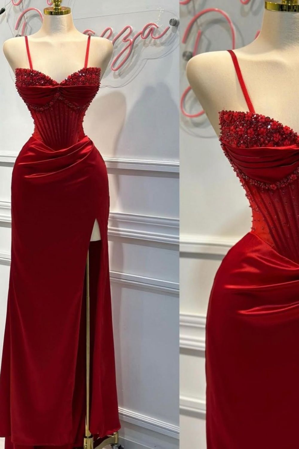 Chic Mermaid Spaghetti Straps Long Satin Formal Dress with Beading