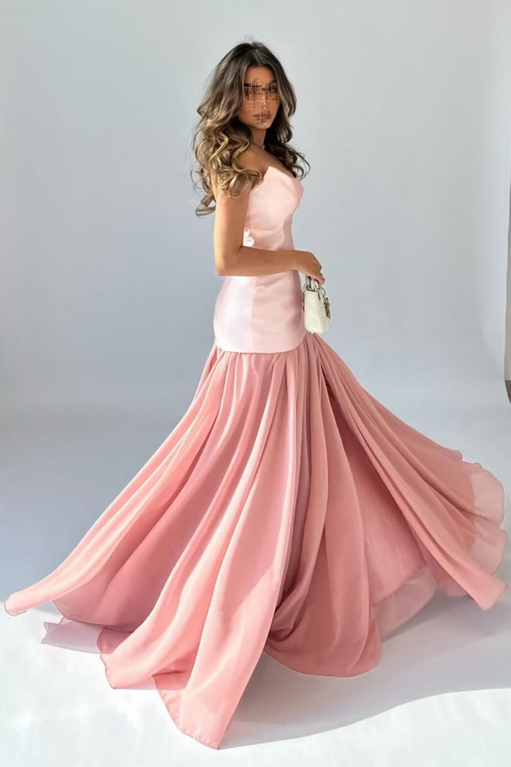 Chic Pink Mermaid Strapless Long Satin and Chiffon Prom Dress