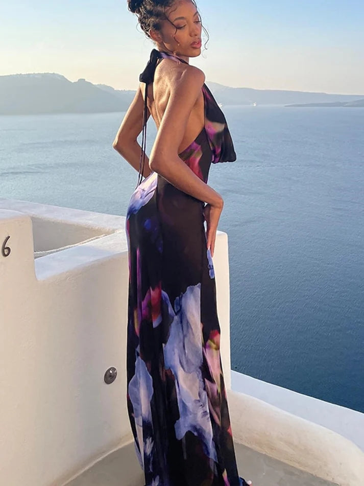 Stylish Low Back Halter Neck Floral Print Mesh Maxi Dress