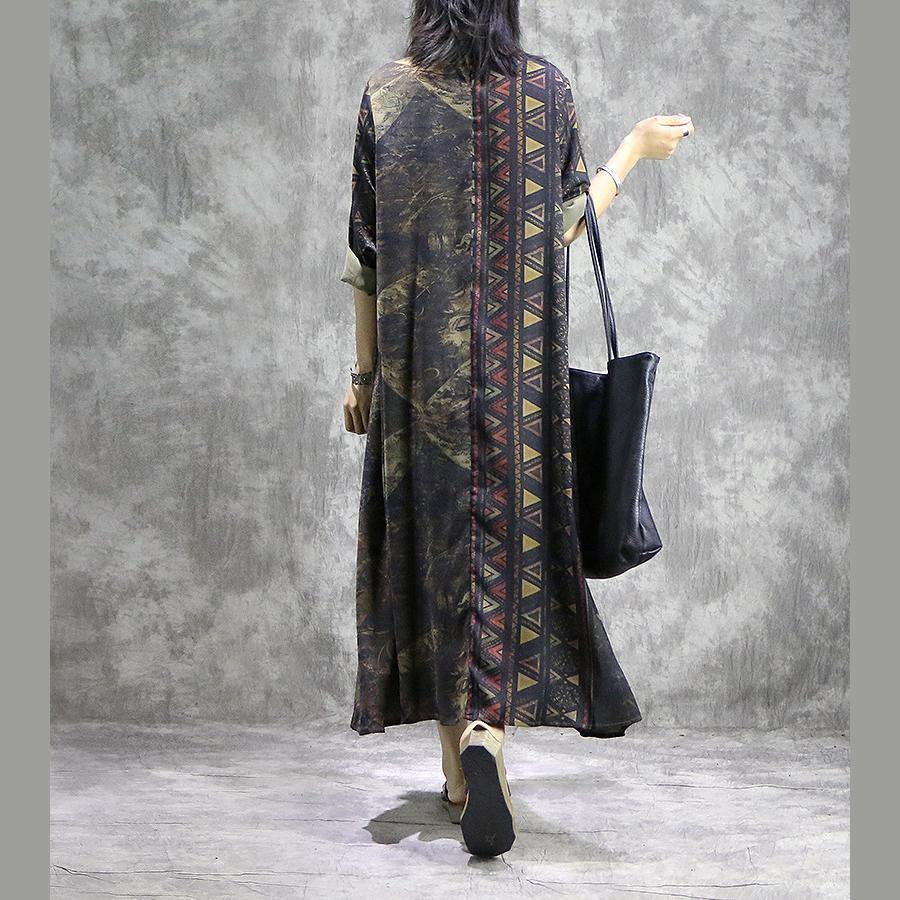 Mandarin Collar Long Sleeve Abstract Print Toggle Button Border Trim Maxi Dress