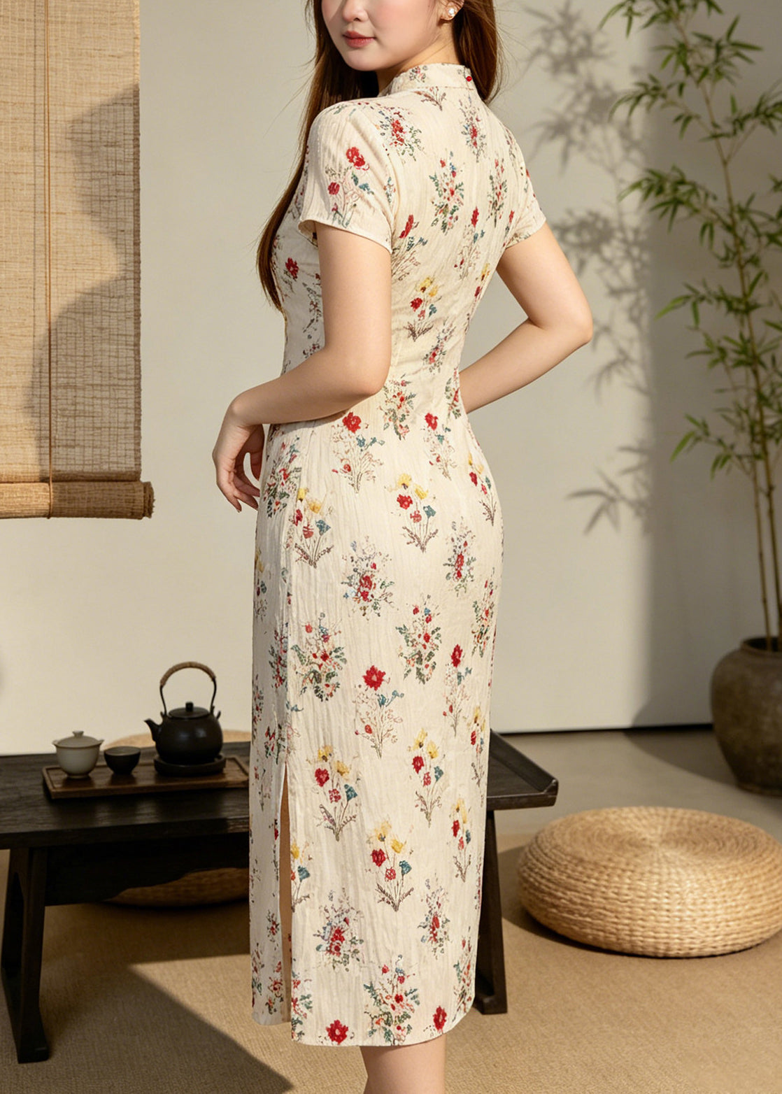 Crinkled Plissé Mandarin Collar Keyhole Frog Closure Short Sleeve Qipao Midi Dress