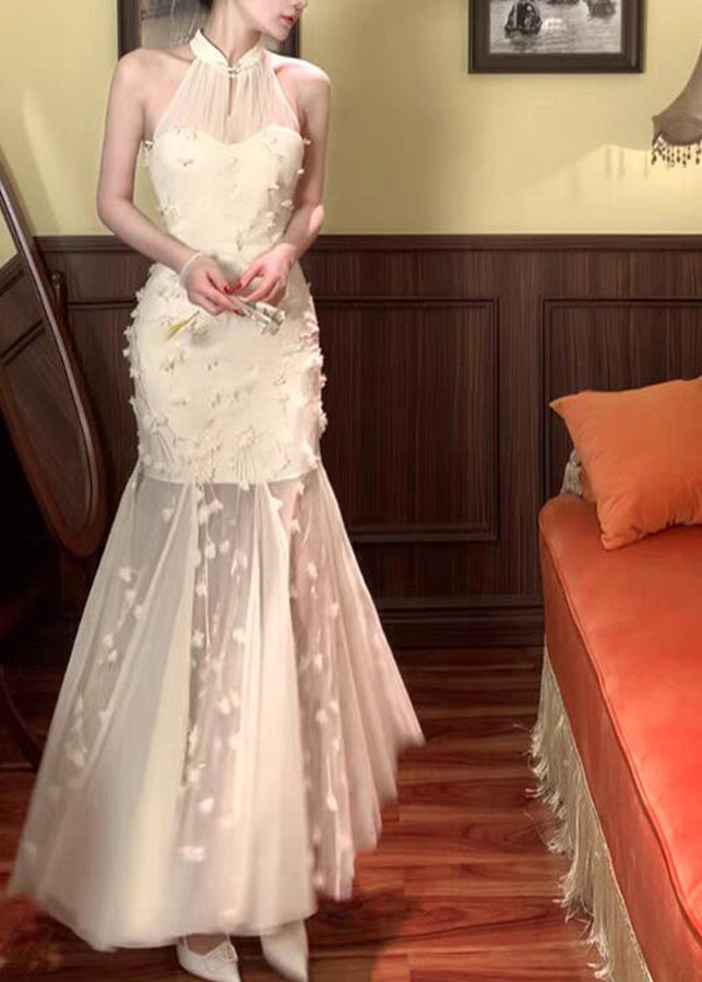 Halter Neck Floral Applique Tulle Mermaid Gown