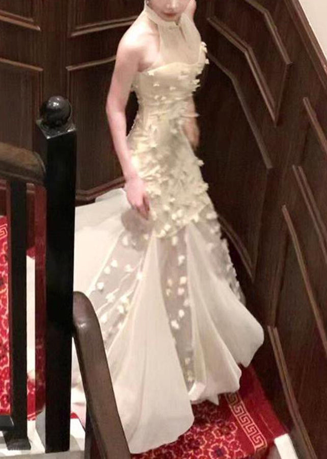 Halter Neck Floral Applique Tulle Mermaid Gown