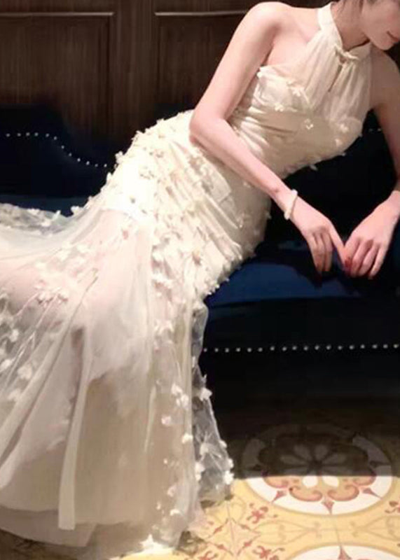 Halter Neck Floral Applique Tulle Mermaid Gown
