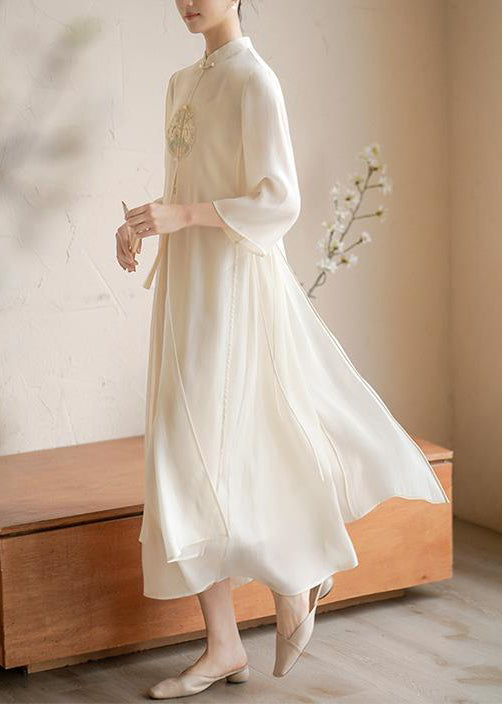 Mandarin Collar Frog Button Embroidered Tassel Side Tie Overlay Maxi Dress