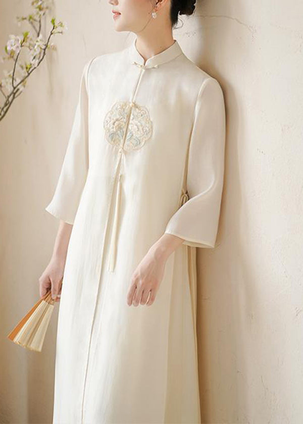 Mandarin Collar Frog Button Embroidered Tassel Side Tie Overlay Maxi Dress
