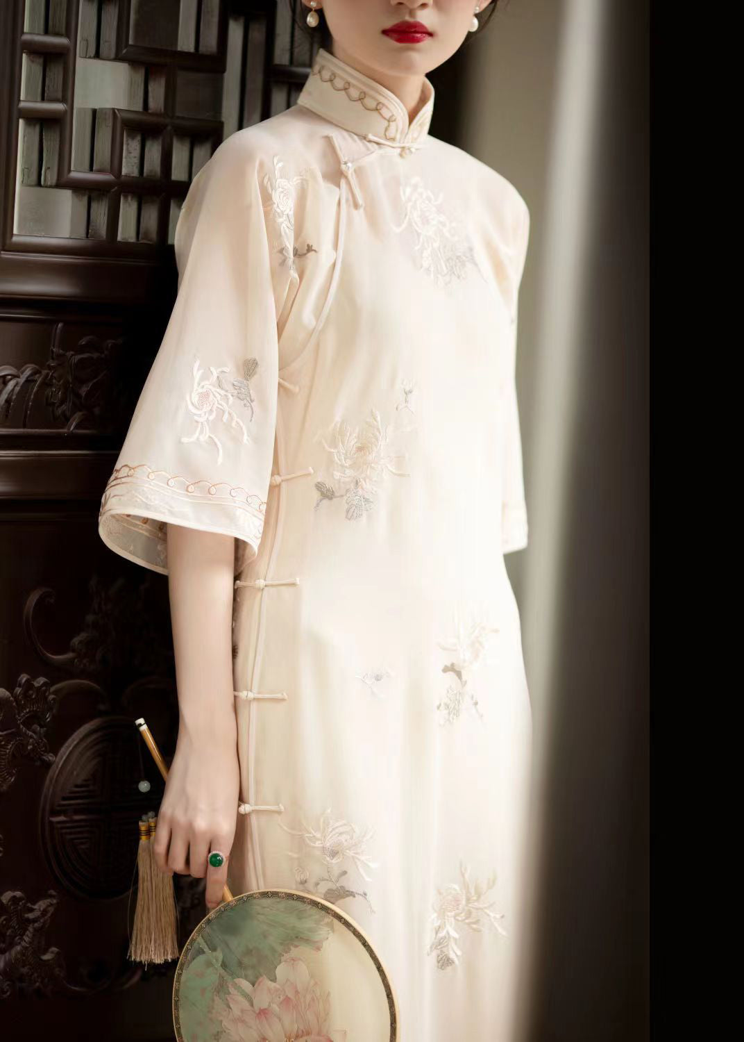 Embroidered Floral Mandarin Collar Bell Sleeve Sheer Overlay Midi Dress