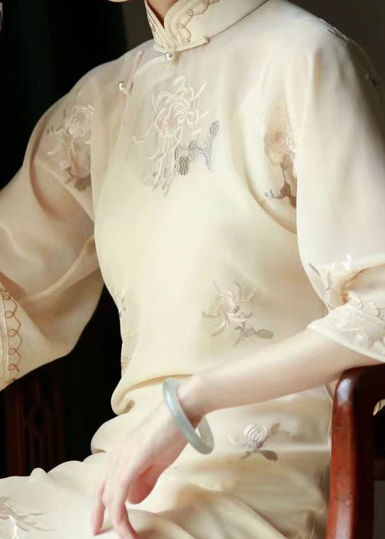 Embroidered Floral Mandarin Collar Bell Sleeve Sheer Overlay Midi Dress