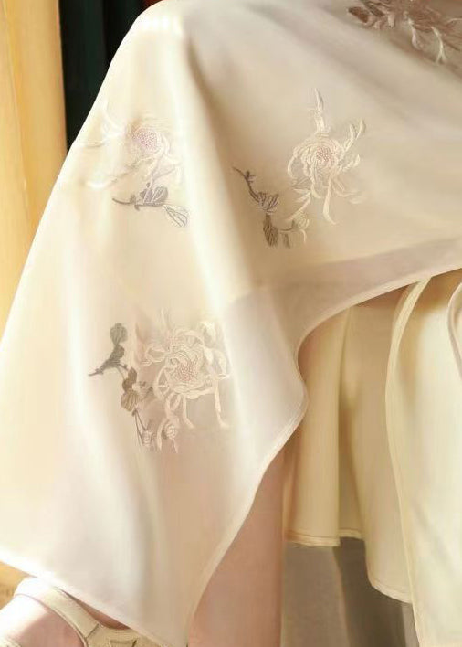 Embroidered Floral Mandarin Collar Bell Sleeve Sheer Overlay Midi Dress