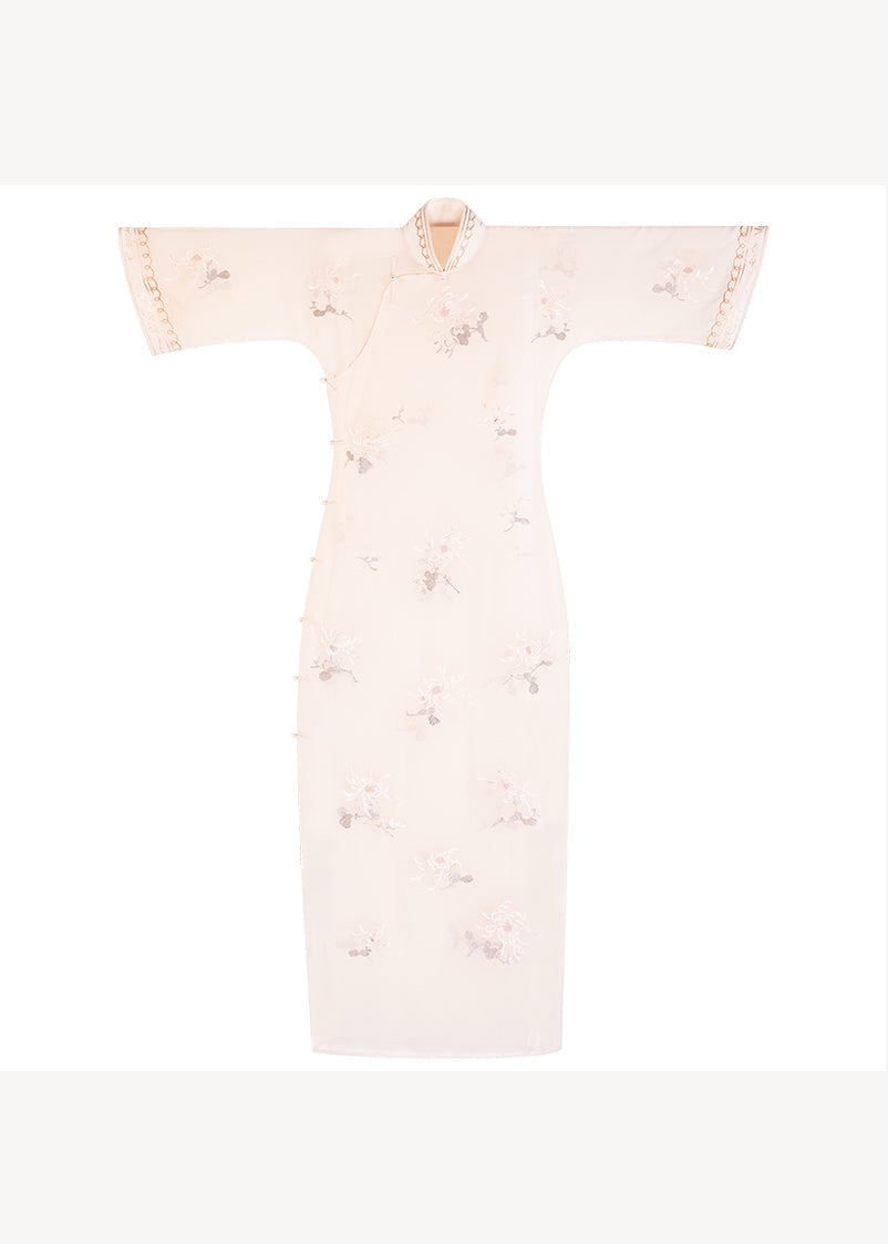 Embroidered Floral Mandarin Collar Bell Sleeve Sheer Overlay Midi Dress