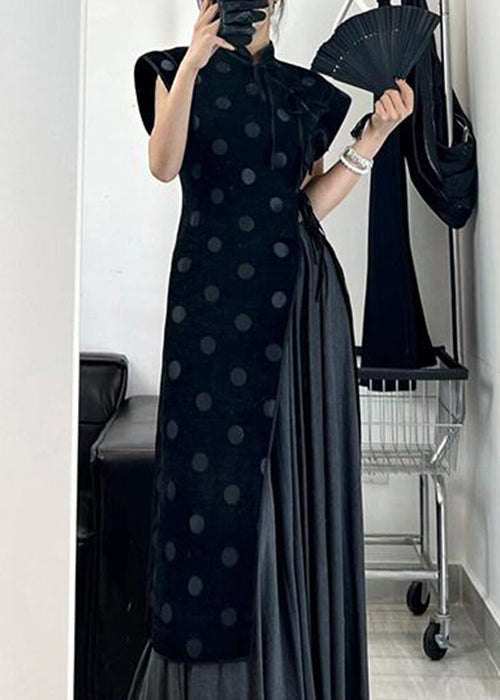 Velvet Polka Dot Mock Neck Sleeveless Asymmetrical Wrap Panel Pleated Maxi Dress