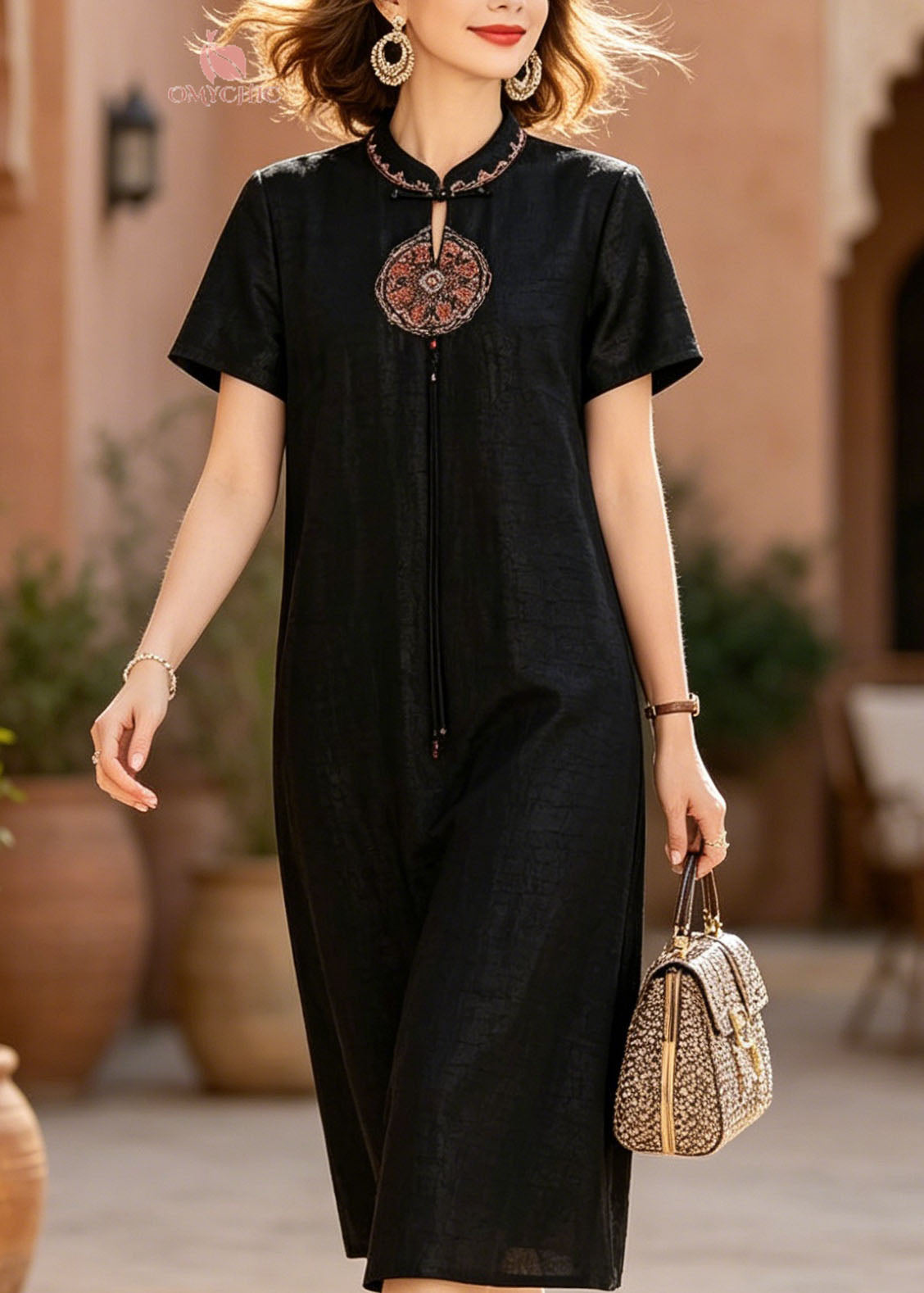 Embroidered Mandarin Collar Cut Out Medallion Tassel Short Sleeve Shift Midi Dress
