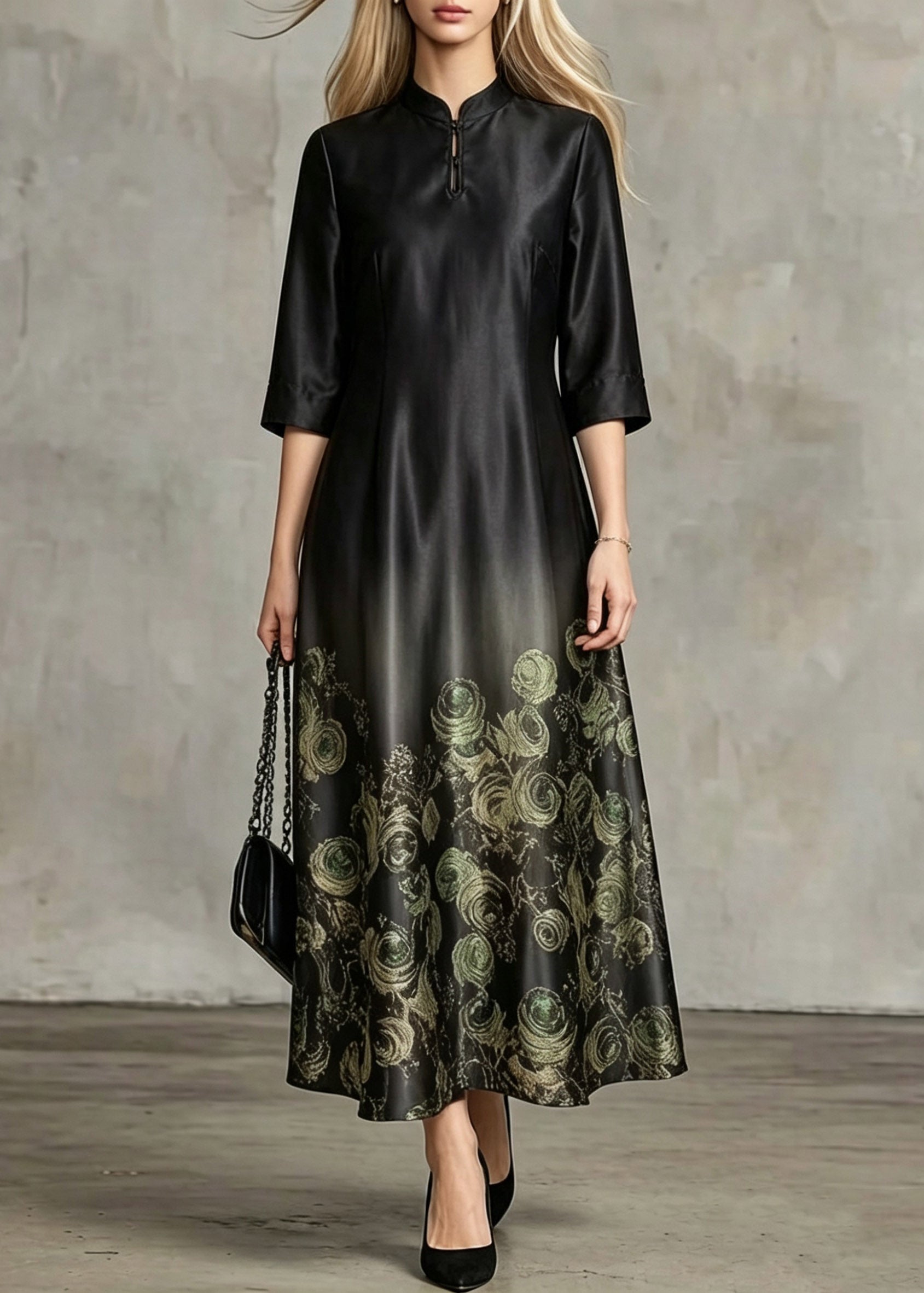Mandarin Collar Keyhole Rose Print Gradient Hem Three Quarter Sleeve Midi Dress