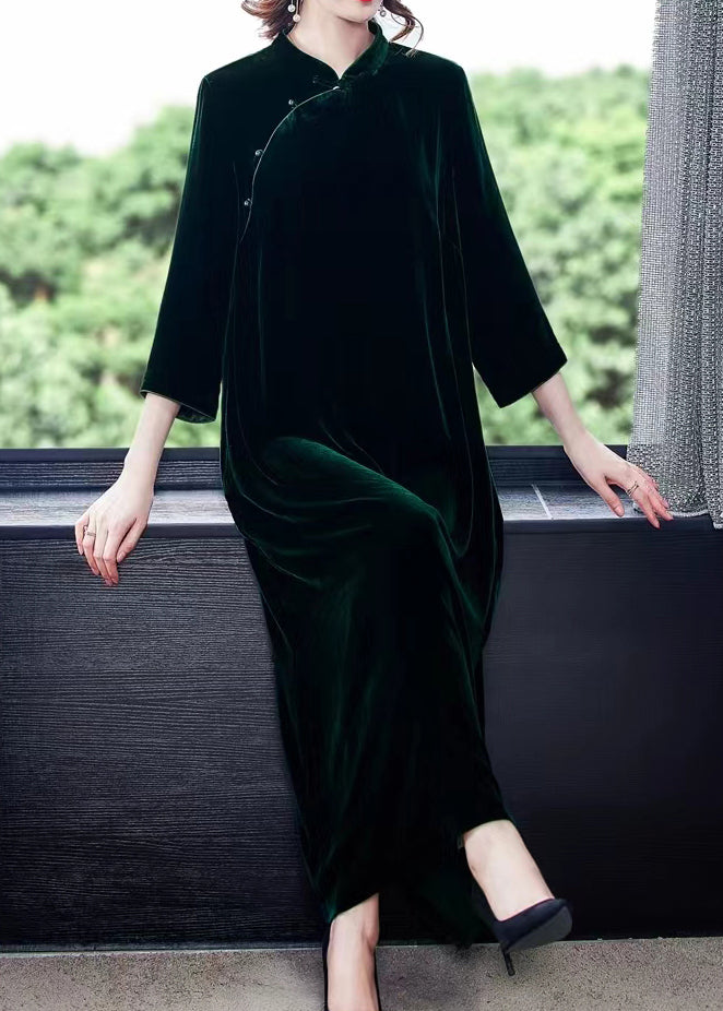 Velvet Mandarin Collar Frog Button Long Sleeve Cheongsam Maxi Dress